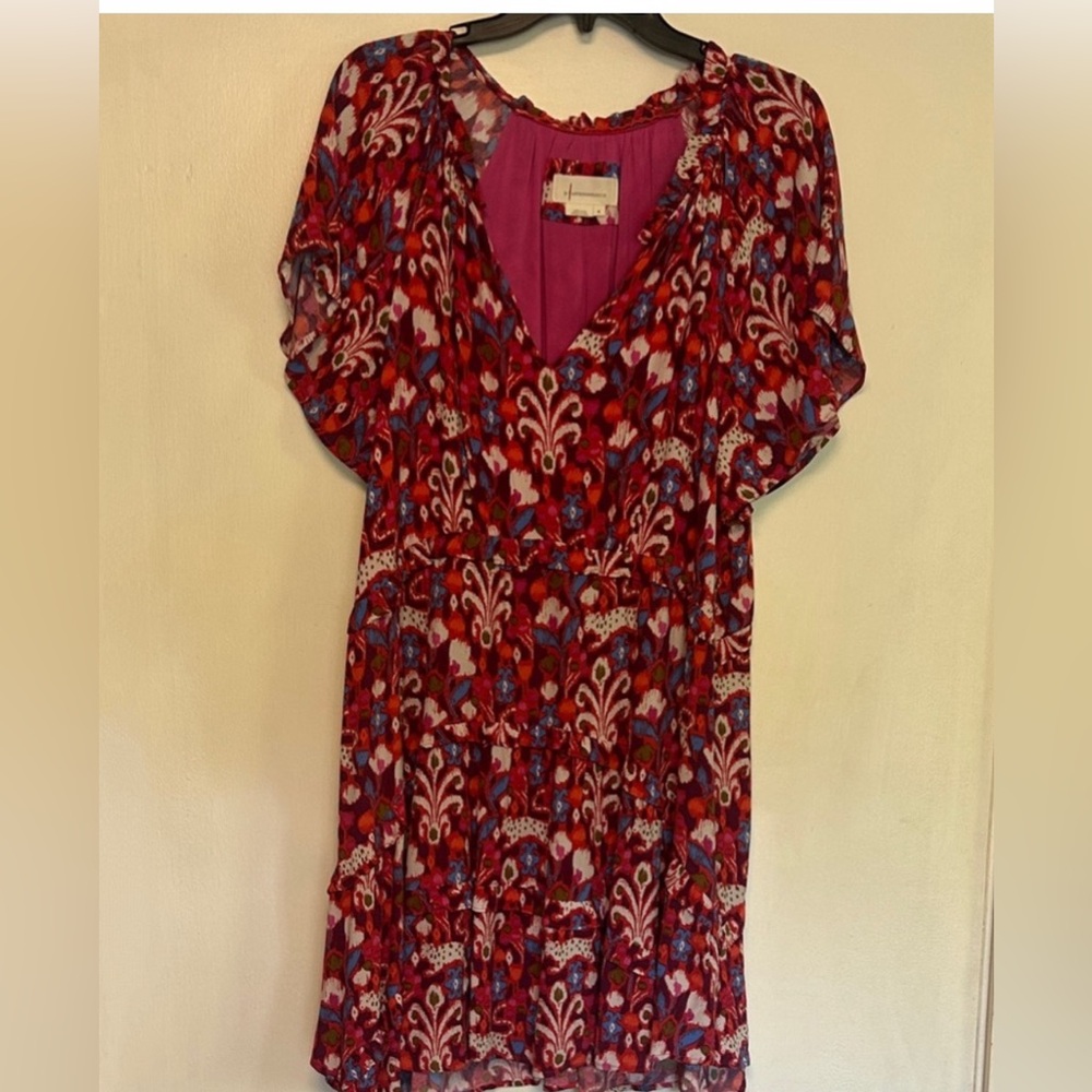 Anthropologie Red and Blue Floral Mini Dress.  Boho chic Quiet luxury/Beach wear